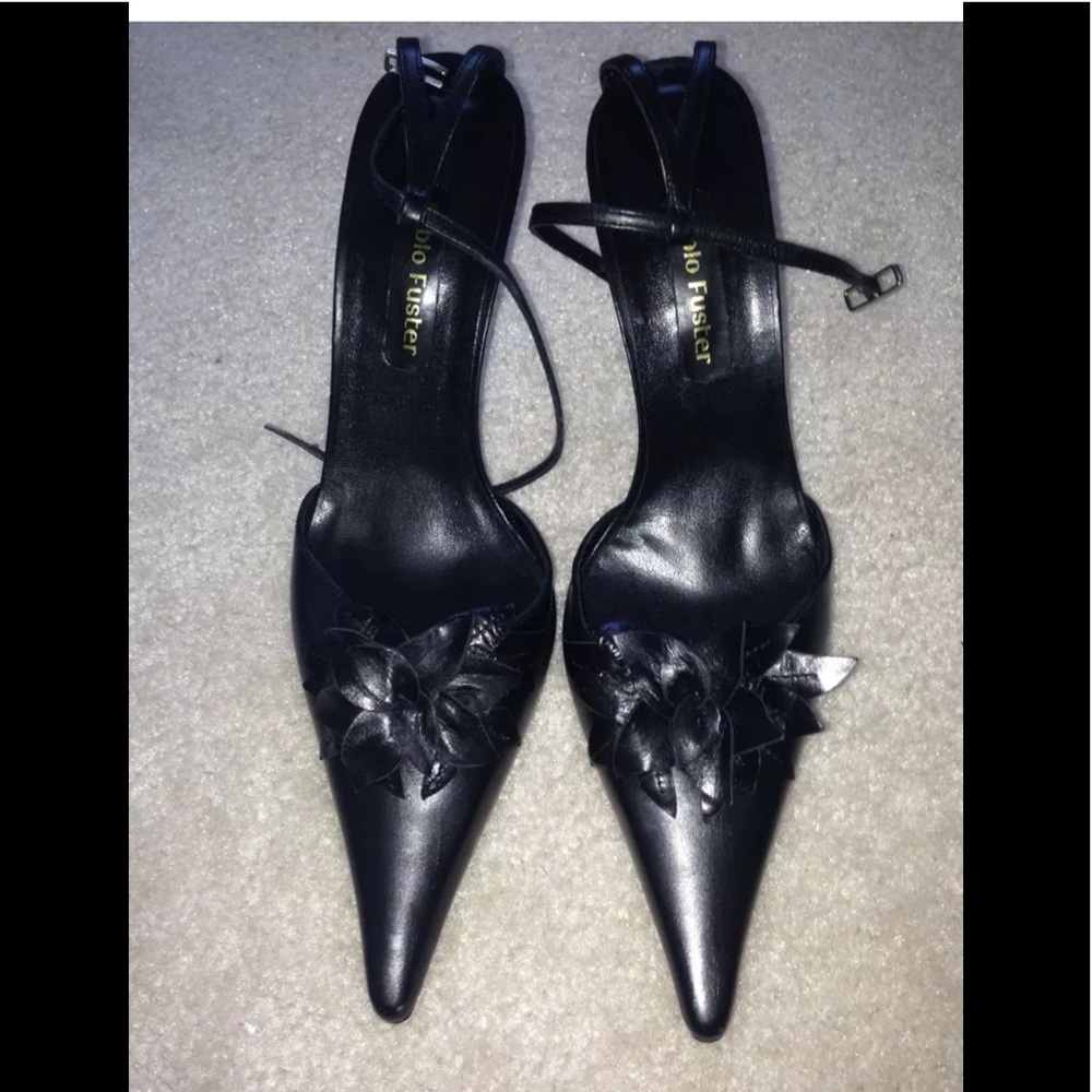 Pablo Fuster Black ankle strap pointed toe heels.